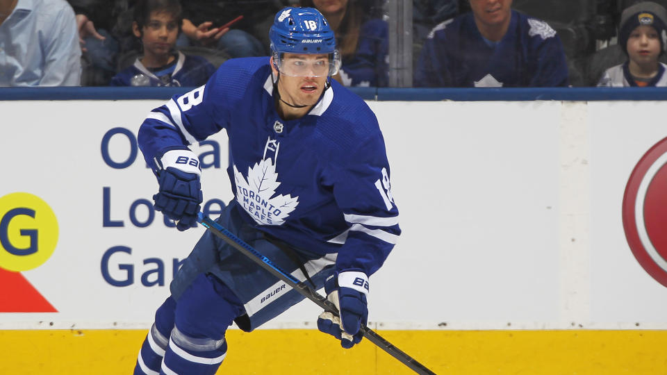 TORONTO, ON - FEBRUARY 11:  Andreas Johnsson #18 of the Toronto Maple Leafs skates against the Arizona Coyotes during an NHL game at Scotiabank Arena on February 11, 2020 in Toronto, Ontario, Canada. The Maple Leafs defeated the Coyotes 3-2 in overtime. (Photo by Claus Andersen/Getty Images)