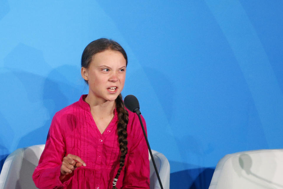 FILE - In this Monday, Sept. 23, 2019 file photo Environmental activist Greta Thunberg, of Sweden, addresses the Climate Action Summit in the United Nations General Assembly, at U.N. headquarters in New York. In a wide-ranging monologue on Swedish public radio, teenage climate activist Greta Thunberg recounts how world leaders queued up to have their picture taken with her even as they shied away from acknowledging the grim scientific fact that time is running out to curb global warming. (AP Photo/Jason DeCrow, file)
