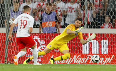 Soccer Football - International Friendly - Poland vs Chile - INEA Stadion, Poznan, Poland - June 8, 2018 Poland's Piotr Zielinski scores their second goal REUTERS/Kacper Pempel