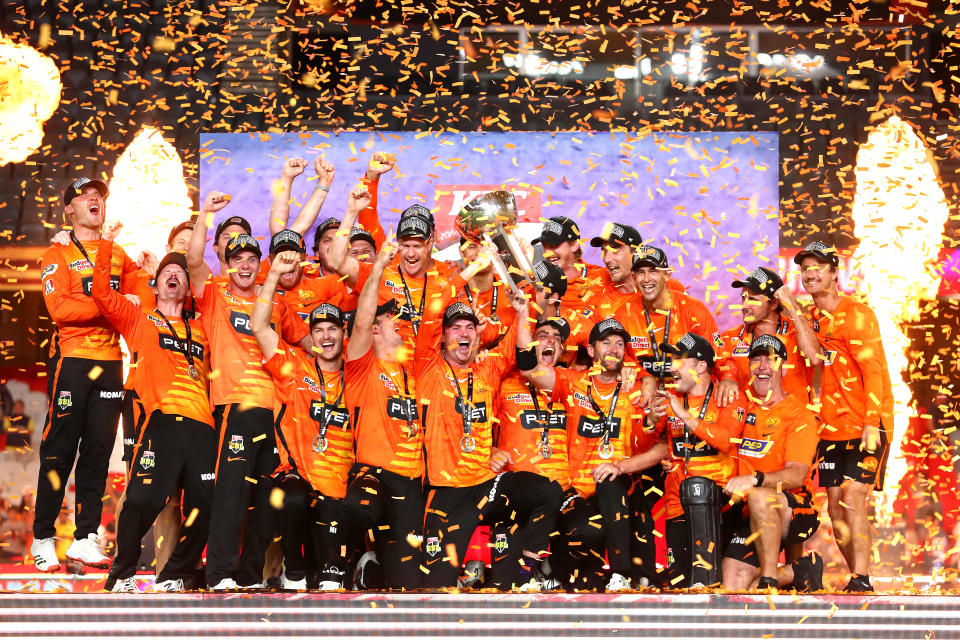 The Scorchers celebrate winning the 2021/2022 Men's Big Bash League.