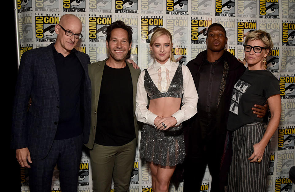 Peyton Reed, Paul Rudd, Kathryn Newton, Jonathan Majors and Evangeline Lilly participate in the Marvel Studios’ Live-Action presentation - Credit: Alberto E. Rodriguez/Getty Images