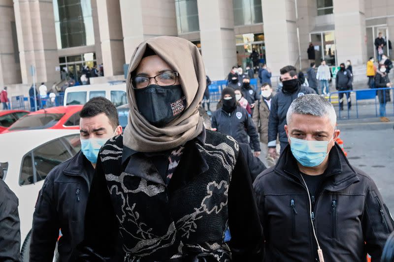 Hatice Cengiz, fiancee of the murdered Saudi journalist Khashoggi, leaves the courthouse in Istanbul