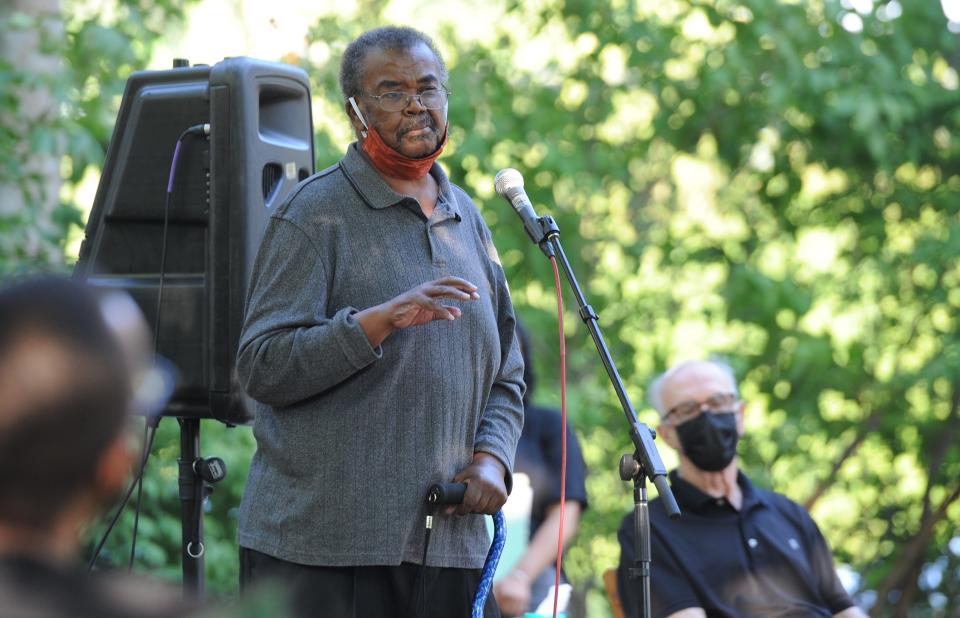 John Reed, president of the Cape Cod chapter of the NAACP, speaks to a crowd gathered at Mill Creek Park in Sandwich in 2020.