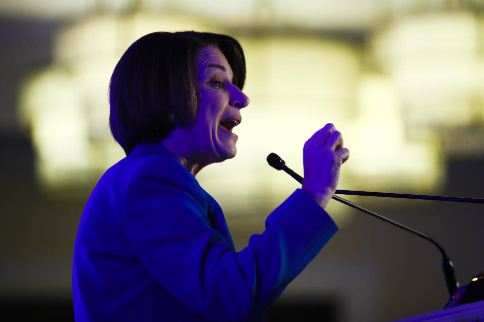 Democratic presidential candidate Sen. Amy Klobuchar, D-Minn speaks at the First in the South Dinner, Monday, Feb. 24, 2020, in Charleston, S.C. (AP Photo/Matt Rourke)