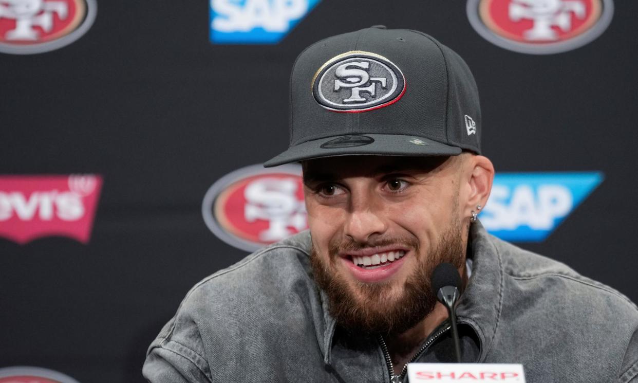 <span>Ricky Pearsall speaks at an NFL news conference at the team's facility in Santa Clara, California.</span><span>Photograph: Godofredo A Vásquez/AP</span>