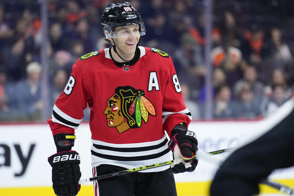 FILE - Chicago Blackhawks' Patrick Kane smiles during an NHL hockey game on Jan. 19, 2023, in Philadelphia. Kane says he definitely noticed the New York Rangers trading for fellow winger Vladimir Tarasenko on Thursday, Feb. 9. Kane and Chicago captain Jonathan Toews are contemplating their futures ahead of the NHL trade deadline on March 3. (AP Photo/Matt Slocum, File)