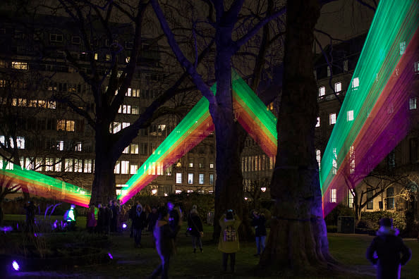 Members of the public look at ‘Spectral’, by Katarzyna Malejka and Joachim Slugocki in St James’s Square during ‘Lumiere London’ festival of light 2018 on January 18, 2018 in London, England. Lumiere London is a four night long light festival spanning the British capital with more than 50 artworks by UK and international aritsts. (Photo by Dan Kitwood/Getty Images)