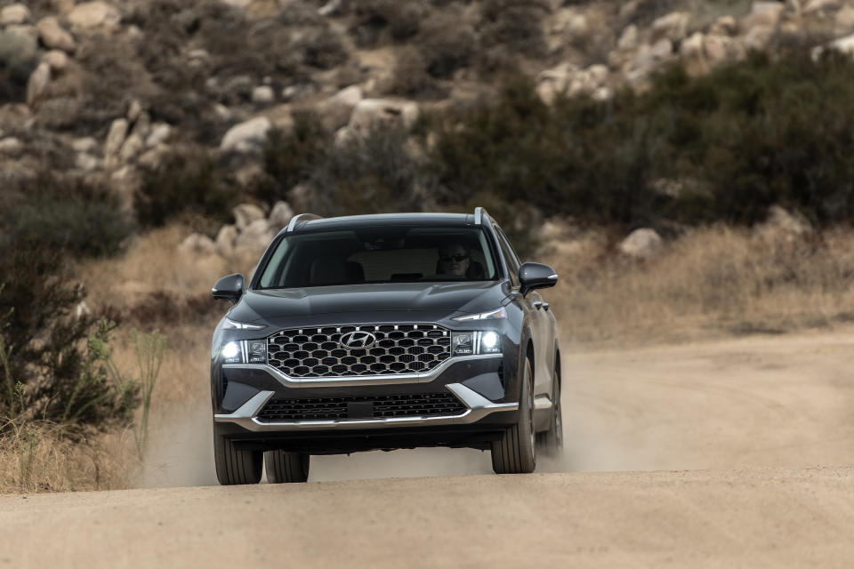 This photo provided by Hyundai shows the 2021 Santa Fe with new styling, upgraded available engines and a lot of equipment at an attractive price. (Drew Phillips/Courtesy of Hyundai Motor America via AP)