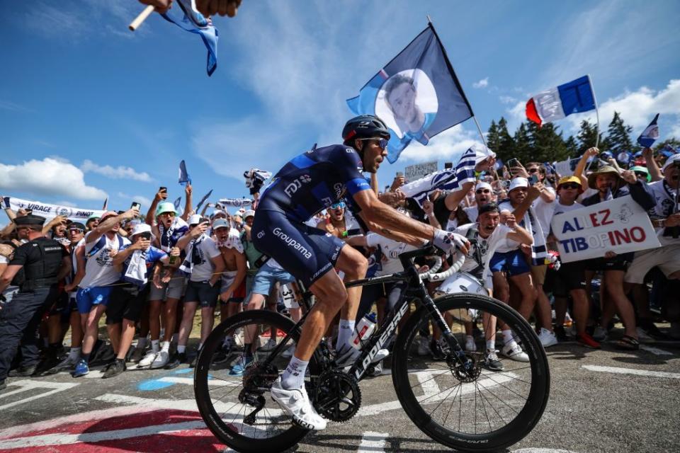 Thibault Pinot (Groupama-FDJ) rides past the ‘Pinot corner’ on the ascent of the Petit Ballon