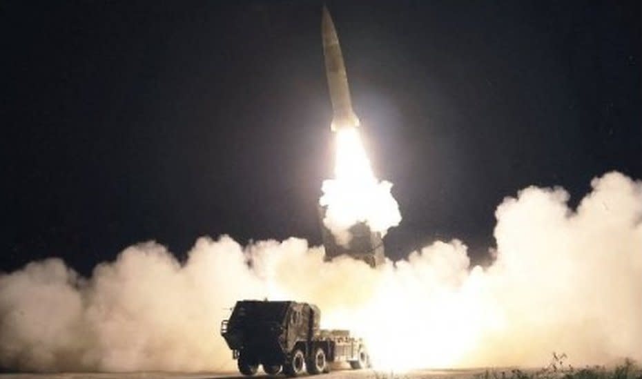 Missiles from tactical nuclear operation unit of the western district of the Korean People's Army are launched at an undisclosed location in North Korea in this picture released by North Korea's Korean Central News Agency