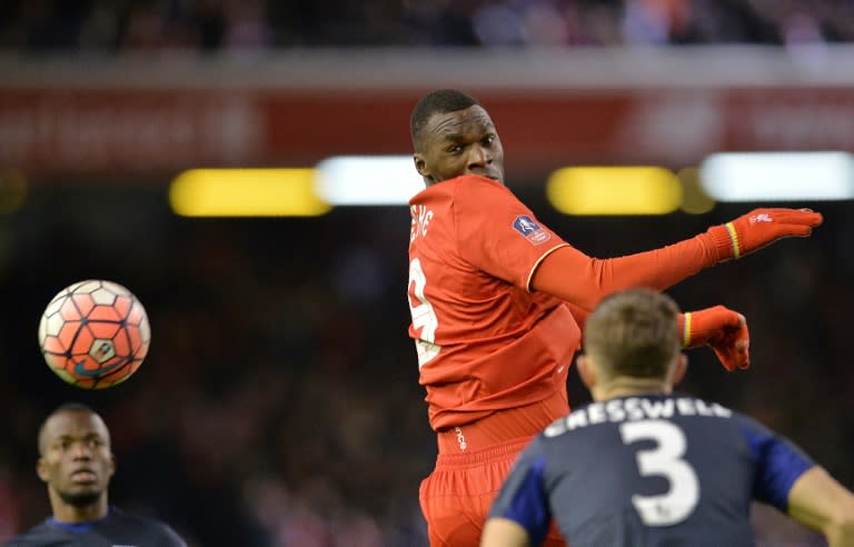 Liverpool's Christian Benteke (C), seen in action during their English FA Cup 4th round match against West Ham United, at Anfield in Liverpool, on January 30, 2016