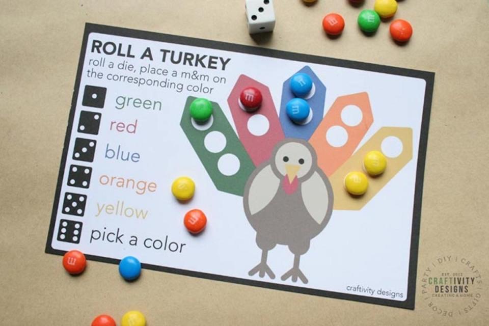 <p>Unoriginal Mom</p><p>Before you set the table, take out some dice and play this game to see who can fill out their turkey card first. Find the printout at <a href="https://www.unoriginalmom.com/roll-turkey-free-thanksgiving-game-kids/" rel="nofollow noopener" target="_blank" data-ylk="slk:Unoriginal Mom;elm:context_link;itc:0;sec:content-canvas" class="link "><em>Unoriginal Mom</em></a>.</p>