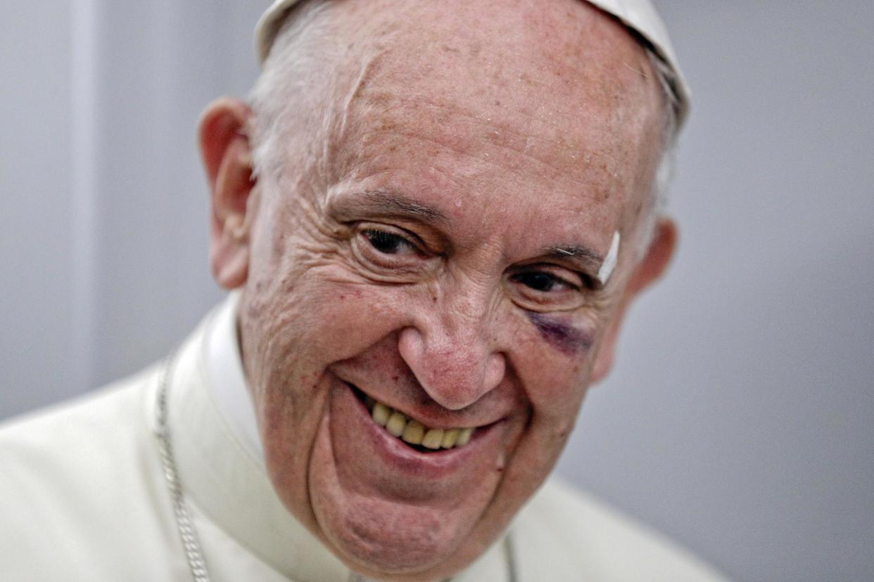 Pope Francis talks to journalists during a press conference he held on board the flight to Rome, at the end of a five-day visit to Colombia: AP Photo/Andrew Medichini