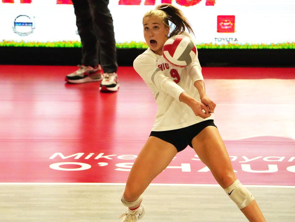 Aug 19, 2023; Columbus, Ohio, United States;  Mia Tuman is a freshman setter for Ohio State women's volleyball. Her father, Jerame Tuman, played for Michigan football, and Mia grew up a huge Michigan fan. Her mother, Molly Tuman,  was a Division 1 volleyball player at Kentucky.