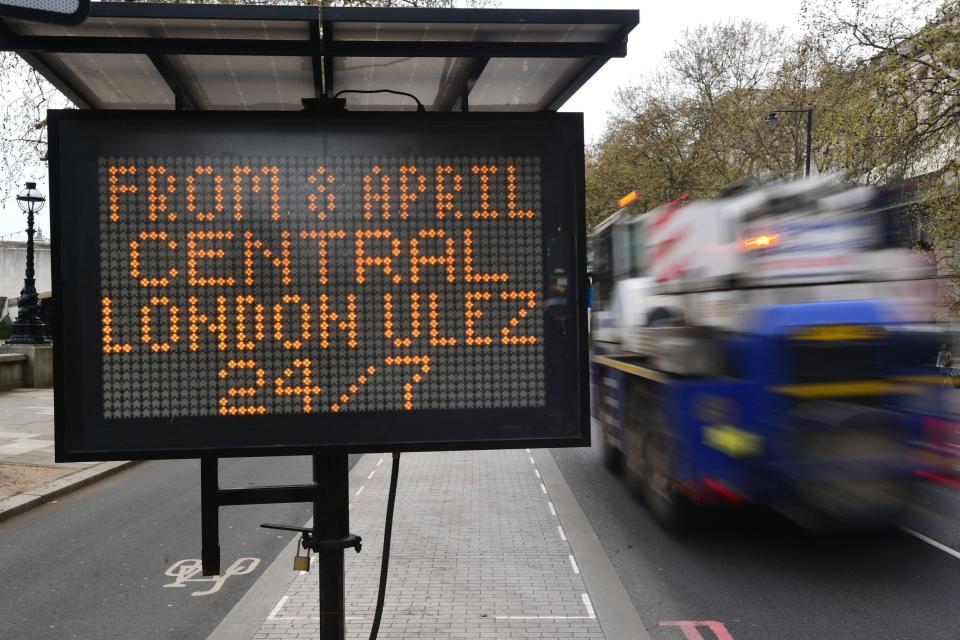 A sign near Embankment, central London, telling commuters that from April 8, there will an Ultra Low Emission Zone in place for 24 hours a day, seven days a week (PA)