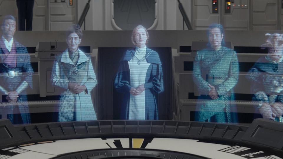 Chancellor Mon Mothma (Genevive O'Reilly) and New Republic senators address Hera Syndulla's concerns about Thrawn on Star Wars: Ahsoka.
