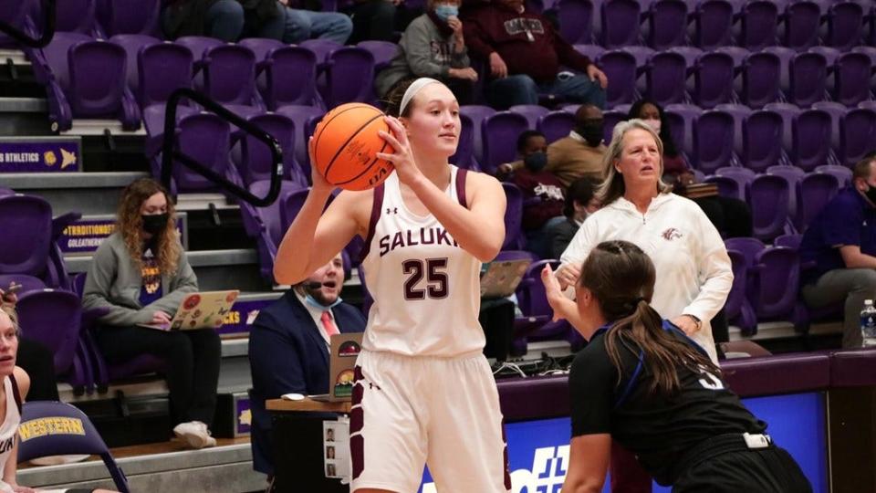 Southern Illinois forward Abby Brockmeyer looks over the Eastern Illinois defense in the Salukis' 74-66 win on Friday.