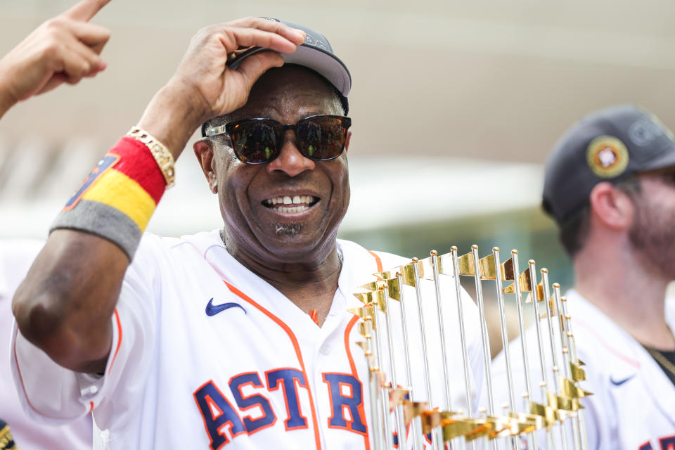 HOUSTON, TEXAS - NOVEMBER 07: Dusty Baker Jr. #12 of the Houston Astros participates in the World Series Parade on November 07, 2022 in Houston, Texas. (Photo by Carmen Mandato/Getty Images)