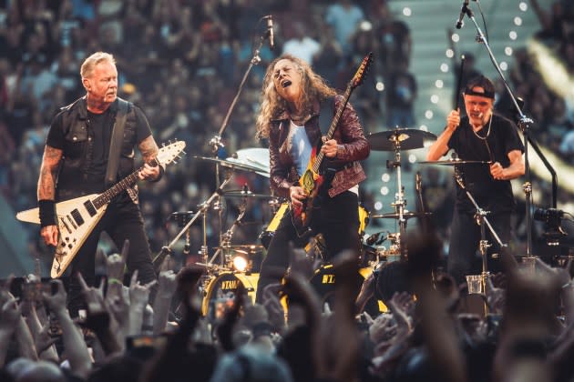 James Hetifeld, Kirk Hammett and Lars Ulrich of Metallica perform on stage at Estadio Cívitas Metropolitano  on July 14, 2024 in Madrid, Spain.  - Credit: Javier Bragado/Redferns/Getty Images