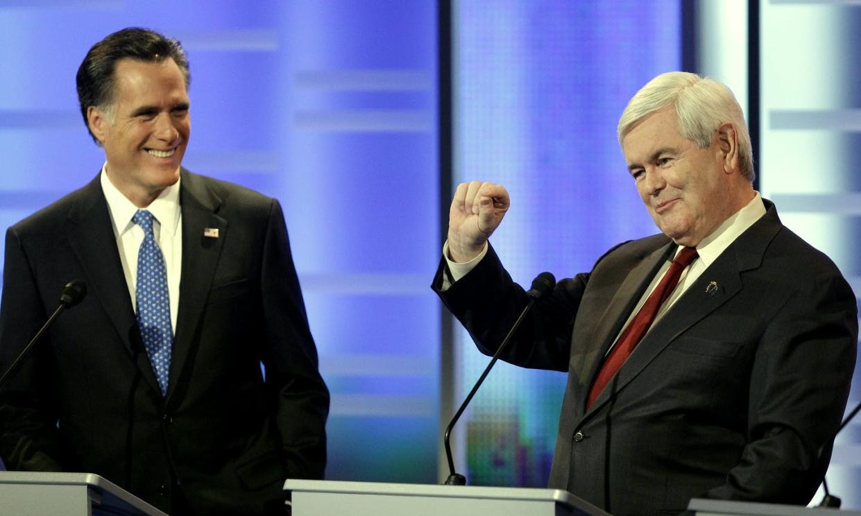 <span class="caption">Mitt Romney, left, and Newt Gingrich, former speaker of the House, in a presidential debate in Des Moines, Iowa. Both men backed some of the original ideas of the ACA.</span> <span class="attribution"><a class="link " href="https://newsroom.ap.org/detail/RepublicansDebate/cc0a9b368ce8447c9c8cde197945c3be/photo?Query=Newt%20Gingrich%20speaker%20of%20house&mediaType=photo&sortBy=&dateRange=Anytime&totalCount=1557&currentItemNo=28" rel="nofollow noopener" target="_blank" data-ylk="slk:Charlie Neibergall/AP Photo;elm:context_link;itc:0;sec:content-canvas">Charlie Neibergall/AP Photo</a></span>