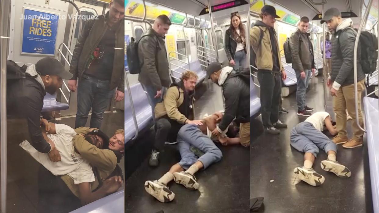 Still from a video show three men, including Daniel Penny, either restraining or standing near Jordan Neely in a subway altercation that ended in Neely's death.