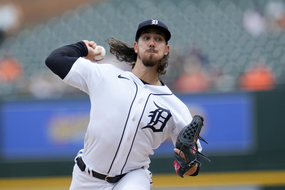 Detroit Tigers pitcher Michael Lorenzen throws against Minnesota Twins in the first inning of a baseball game, Sunday, June 25, 2023, in Detroit. (AP Photo/Paul Sancya)