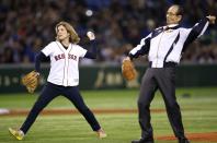 U.S. Ambassador to Japan Caroline Kennedy (L) and Japan's legendary baseball player Sadaharu Oh throw out the ceremonial first pitches before an exhibition baseball game between U.S. Major League Baseball (MLB) All-Stars and Japan in Tokyo November 14, 2014. REUTERS/Toru Hanai (JAPAN - Tags: SPORT BASEBALL POLITICS)