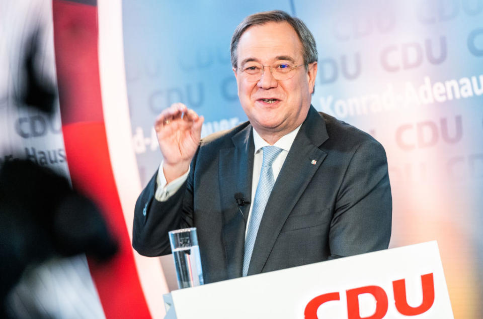 17 December 2020, Berlin: Armin Laschet (CDU), Minister President of North Rhine-Westphalia, speaks at the "CDU Live" format in the candidate process for the election of a new Federal Chairman in the Konrad Adenauer House. Photo: Christophe Gateau/dpa (Photo by Christophe Gateau/picture alliance via Getty Images)