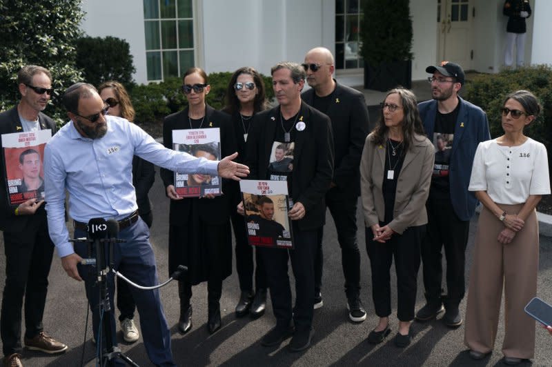 Families of individuals held hostage by Hamas speak to the press after meeting with the vice president at the White House on Tuesday. Pool Photo by Bonnie Cash/UPI