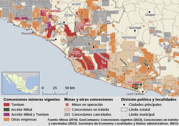 Concesiones mineras en los estados de Michoacán y Colima.