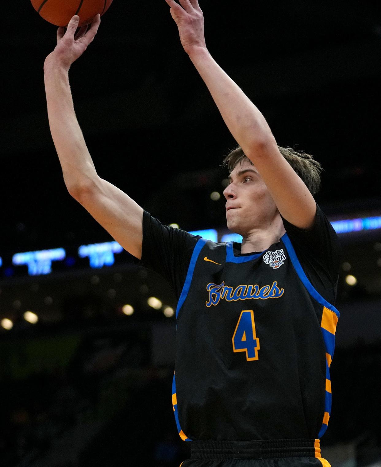 Fort Wayne Blackhawk Christian Brave Kellen Pickett (4) shoots during IHSAA Class 2A state finals Saturday, March 25, 2023, at Gainbridge Fieldhouse in Indianapolis. Fort Wayne defeated Linton-Stockton for the title, 52-45.