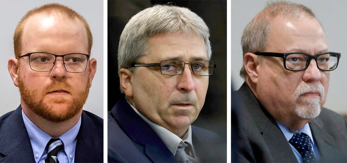 This photo combo shows, from left to right, Travis McMichael, William ‘Roddie’ Bryan, and Gregory McMichael during their trial at the Glynn County Courthouse in Brunswick, Ga (AP)