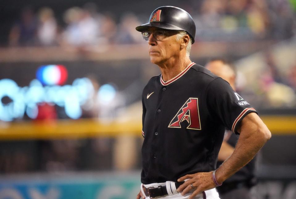 Arizona Diamondbacks first base coach Dave McKay watches from the field as his team plays against the Milwaukee Brewers at Chase Field in Phoenix on April 12, 2023.