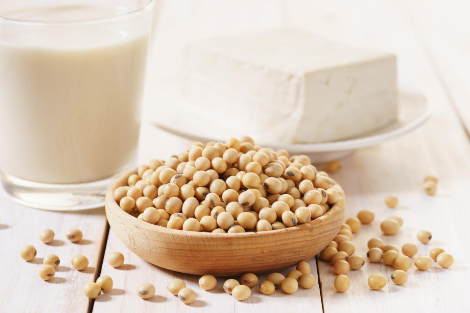 soy products with soybean, soymilk and tofu on wooden background