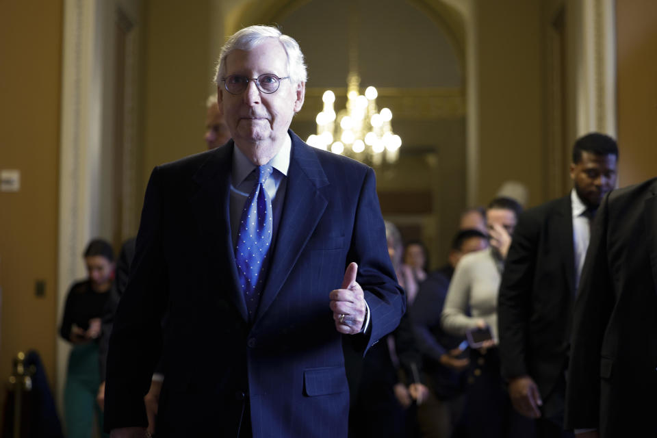 Senate Minority Leader Mitch McConnell gives a thumbs-up as he leaves a meeting with Senate Republicans at the Capitol on Nov. 16, 2022. / Credit: Getty Images