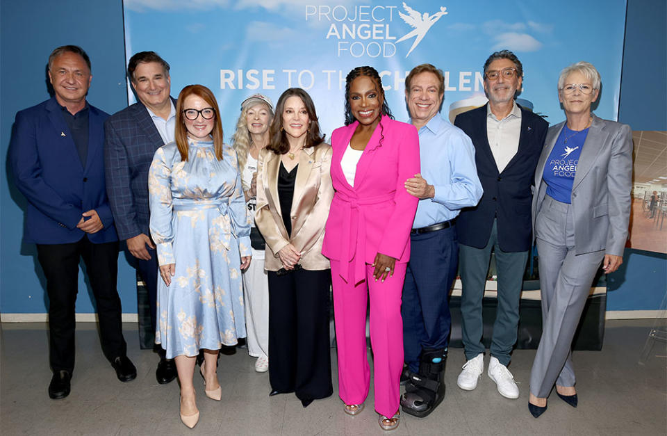 Rick Chavez Zbur, California State Assemblymember, Richard Ayoub, Project Angel Food CEO, Lindsey Horvath, L.A. County Supervisor, Frances Fisher, Marianne Williamson, Project Angel Food Honorary Founding Chair, Sheryl Lee Ralph, Project Angel Food Trustee, David Kessler, Project Angel Food Co-Founder, Chuck Lorre of the Chuck Lorre Family Foundation and Jamie Lee Curtis, Project Angel Food Honorary Chair at Project Angel Food Ground Breaking of $51 Million The Chuck Lorre Family Foundation Campus on August 03, 2023 in Los Angeles, California.