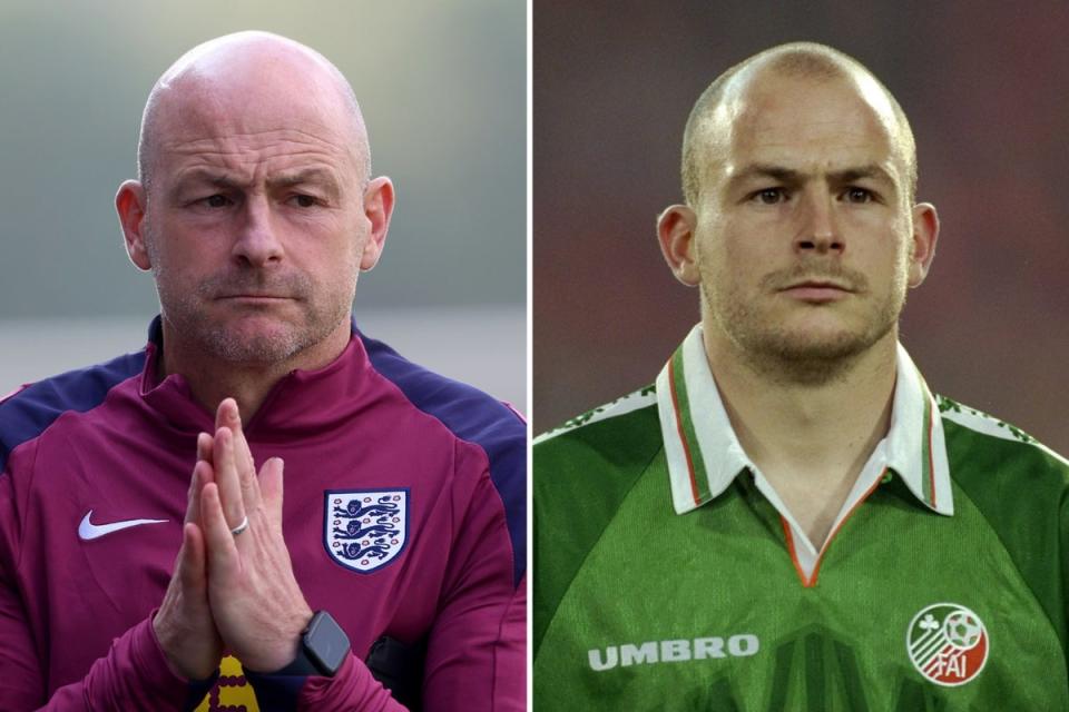 Lee Carsley on England duty this week (left) and representing Ireland in 1997 (Getty Images)