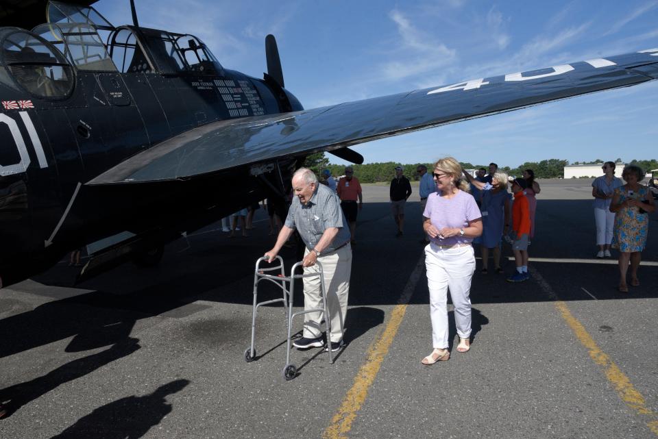 Robert Doane and his daughter Elizabeth Harte tour the aircraft at Monmouth Executive Airport on Saturday, July 22, 2023 in Wall, New Jersey.