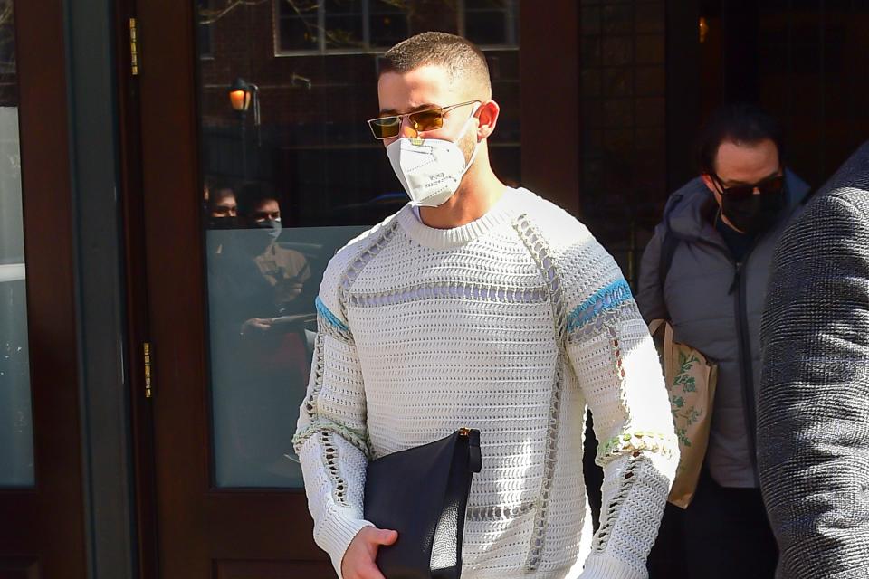 NEW YORK, NY - FEBRUARY 24:  Nick Jonas is seen walking in SoHo on February 24, 2021 in New York City.  (Photo by Raymond Hall/GC Images)