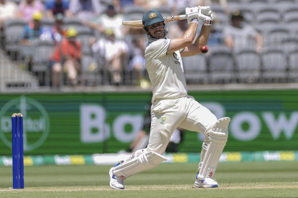 Mitchell Marsh of Australia bats during play on the second day of the first cricket test between Australia and Pakistan in Perth, Australia, Friday, Dec. 15, 2023. (Richard Wainwright/AAP Image via AP)