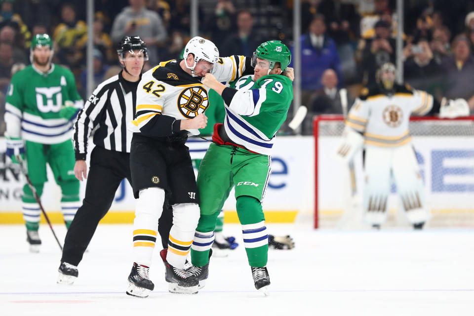 David Backes and Micheal Ferland let the fists fly. (Getty)