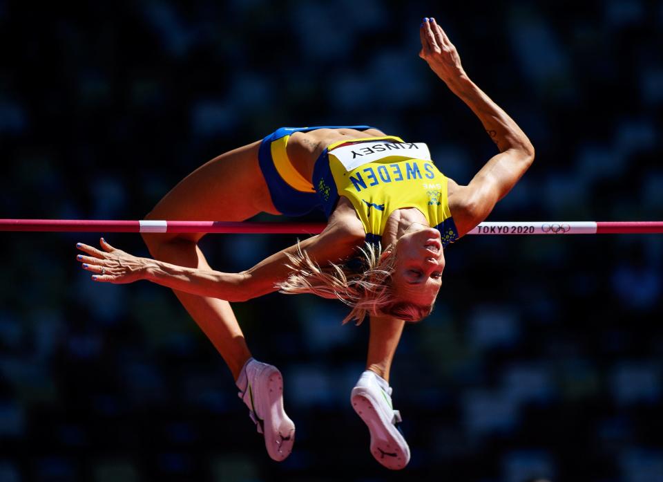 Erika Kinsey of Team Sweden competes in the high jump qualification at the Tokyo Olympics.