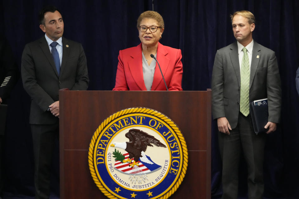 Los Angeles Mayor Karen Bass denounces anti-Semitism and hate crimes at a news conference at the U.S. Attorney's Office Central District of California offices in Los Angeles Friday, Feb. 17, 2023. At left, United States Attorney Martin Estrada and FBI Assistant Director in Charge Don Always, right. A person was taken into custody Thursday in connection with the shootings of two Jewish men outside synagogues in Los Angeles this week that investigators believe were hate crimes, police said. (AP Photo/Damian Dovarganes)