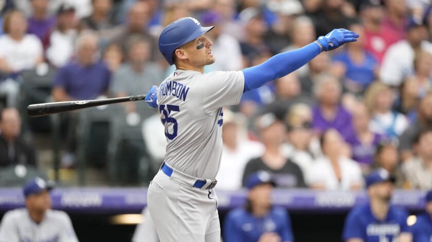 Los Angeles Dodgers right fielder Trayce Thompson (25) during the third inning of a baseball game Monday, June 27, 2022, in Denver. (AP Photo/David Zalubowski)