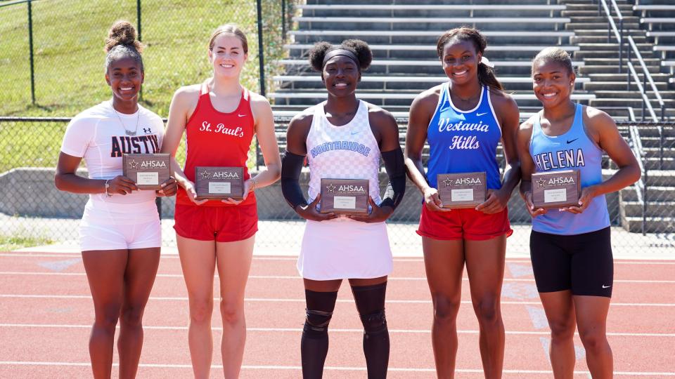 Northridge girls track and field's Rashni Walker (center) won the 2022 AHSAA heptathlon championship with 4,981 points.