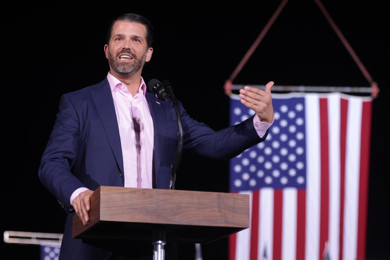 <p>File Image: Donald Trump Jr., son of U.S. President Donald Trump, speaks during a Republican National Committee Victory Rally at Dalton Regional Airport January 4, 2021 in Dalton, Georgia.</p> (Getty Images)