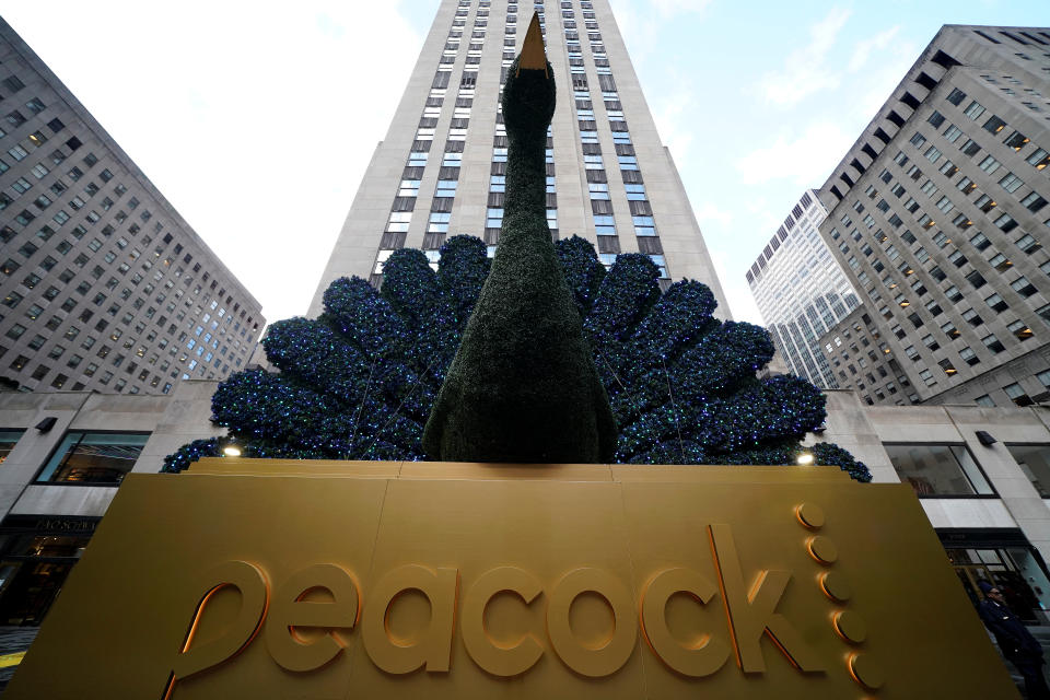 A peacock is pictured outside NBC headquarters at Rockefeller Center in the Manhattan borough of New York City, New York, U.S., January 16, 2020. REUTERS/Carlo Allegri