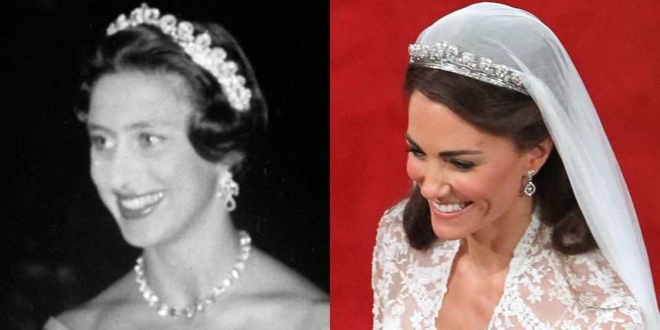 <p>This tiara was made by Cartier in 1936, and given to the Queen Mother by her husband before their wedding. The Queen Mother gifted Queen Elizabeth II the tiara on her 18th birthday, and its since been worn by Princess Margaret (left) and Duchess Kate—who famously wore it during her wedding to Prince William. The tiara is said to <a href="https://www.royalcollection.org.uk/microsites/royalweddingdress/MicroObject.asp?row=4&themeid=2444&item=4" rel="nofollow noopener" target="_blank" data-ylk="slk:feature;elm:context_link;itc:0;sec:content-canvas" class="link ">feature</a> "739 brilliants and 149 baton diamonds."</p>