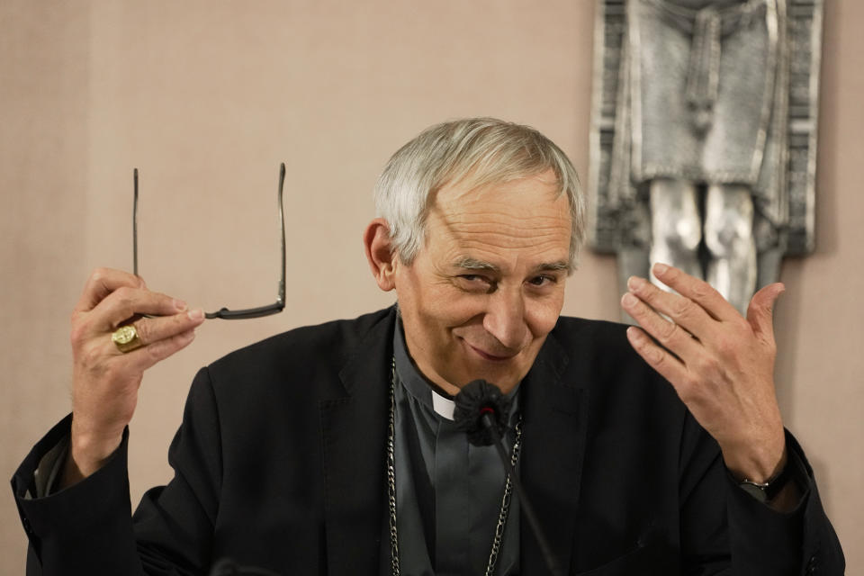 Cardinal Matteo Zuppi, the new head of the Italian bishops conference, talks during a press conference in Rome, Friday, May 27, 2022. Pope Francis named a bishop in his own image, Cardinal Matteo Zuppi, as the new head of the Italian bishops conference, as the Italian Catholic Church comes under mounting pressure to confront its legacy of clerical sexual abuse with an independent inquiry. (AP Photo/Alessandra Tarantino)