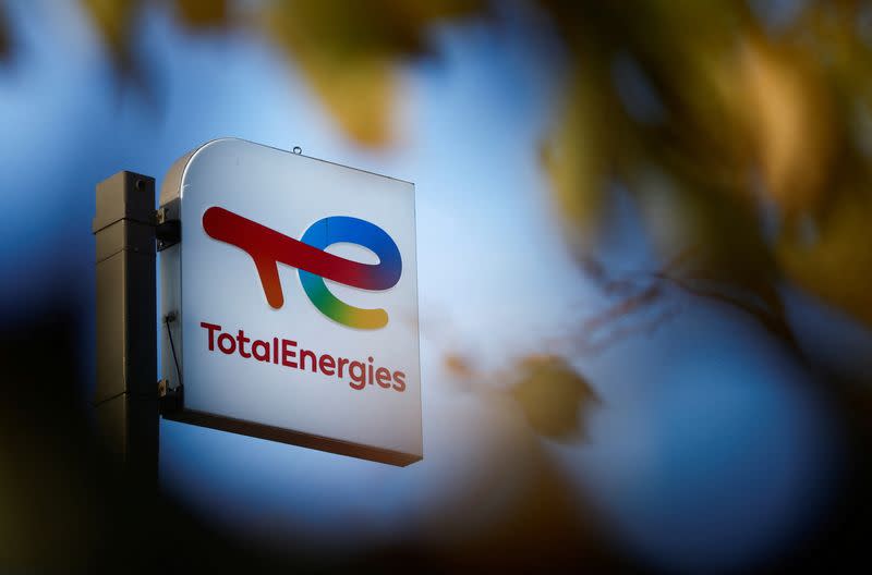 A sign with the logo of TotalEnergies in Bouguenais